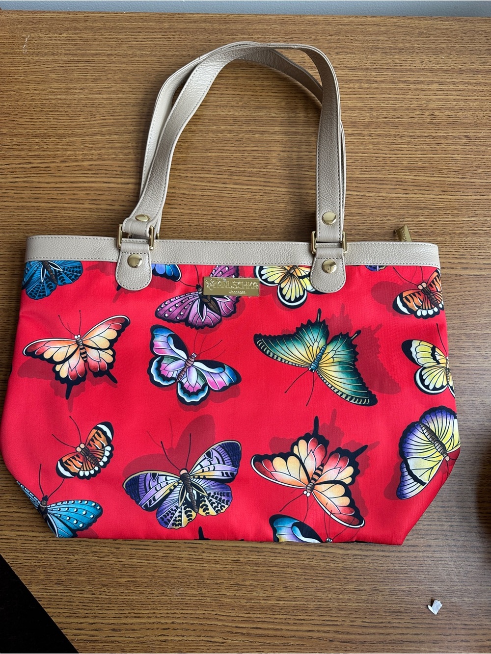 Anuschka Red Butterfly Tote with Cream Handles